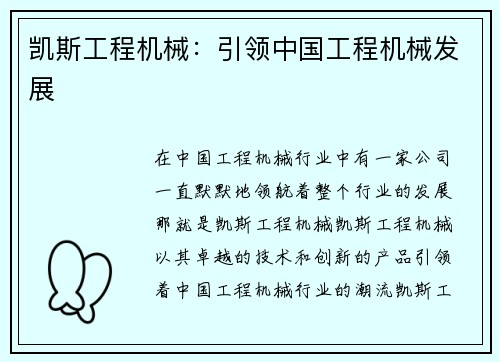 凯斯工程机械：引领中国工程机械发展