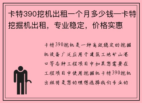 卡特390挖机出租一个月多少钱—卡特挖掘机出租，专业稳定，价格实惠