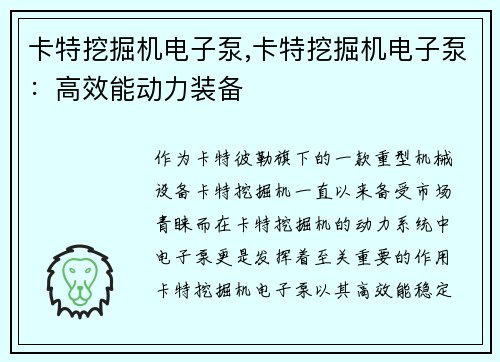 卡特挖掘机电子泵,卡特挖掘机电子泵：高效能动力装备